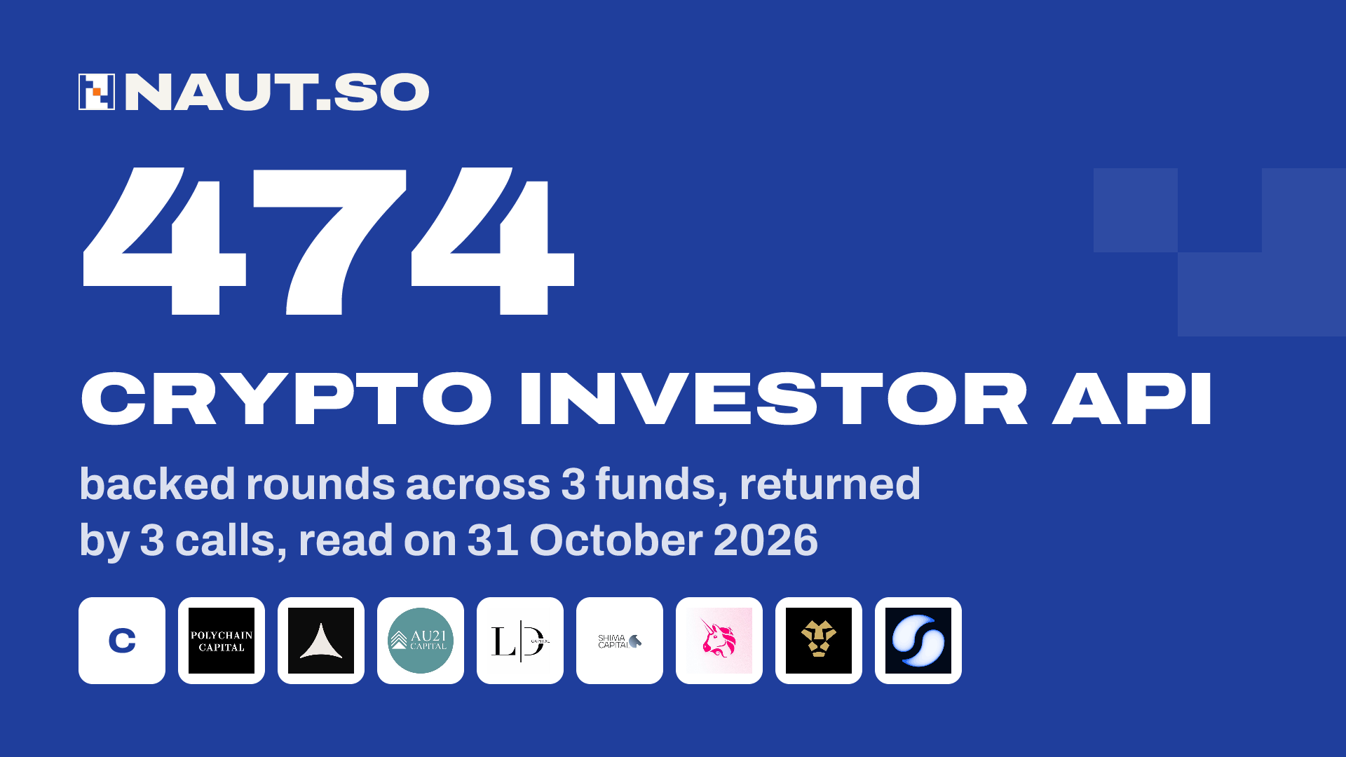 474 Crypto investor API backed rounds across 3 funds, returned by 3 calls, read on 31 October 2026. Logos: Coinbase Ventures, Polychain Capital, Alliance DAO, AU21 Capital, LD Capital, Shima Capital, Uniswap, Jeeves, Suilend.