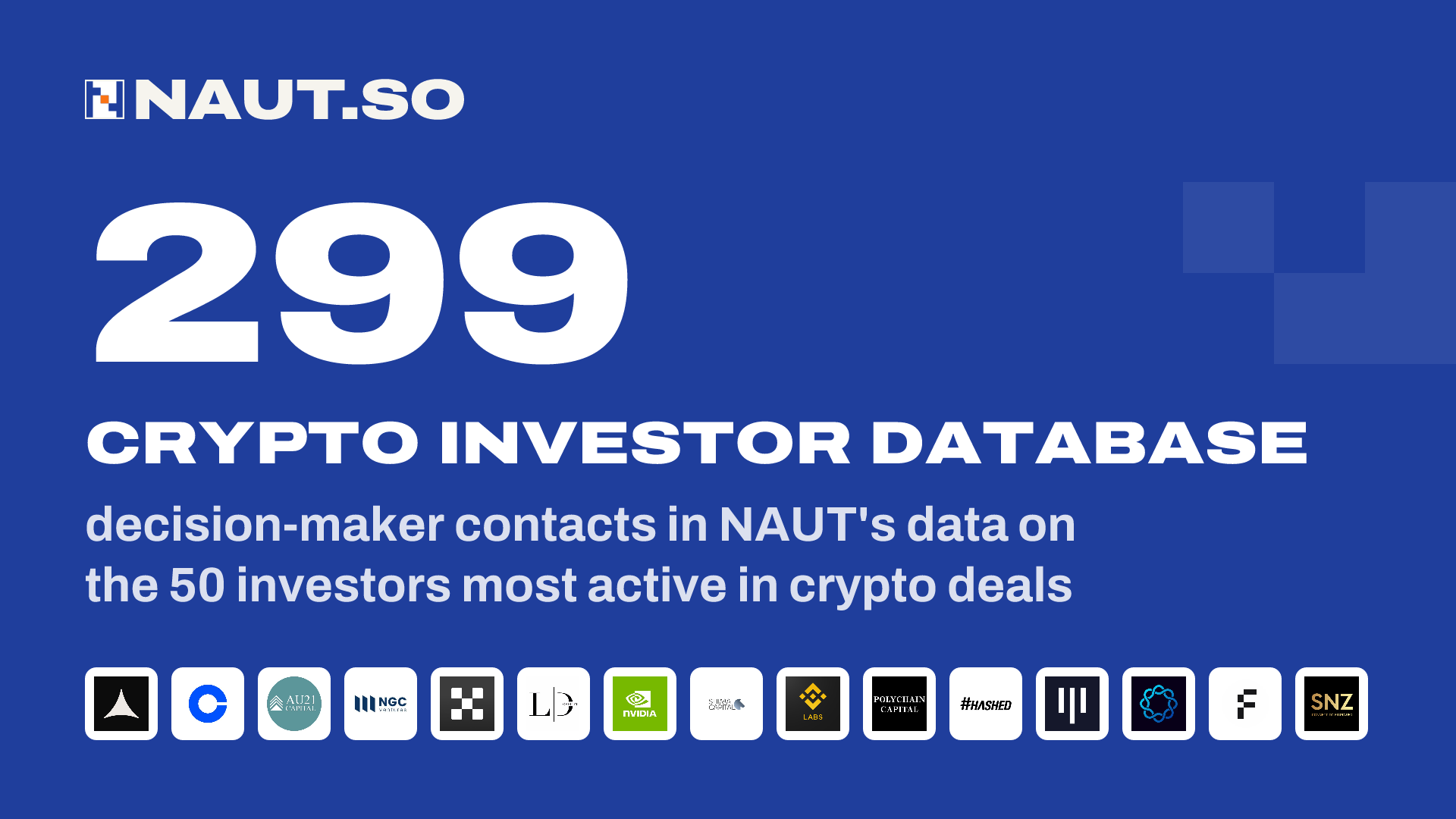 299 Crypto investor database decision-maker contacts in NAUT's data on the 50 investors most active in crypto deals. Logos: Alliance DAO, Coinbase Ventures, AU21 Capital, NGC Ventures, OKX Ventures, LD Capital, NVIDIA Venture Capital, Shima Capital, Binance Labs, Polychain Capital, Hashed, Pantera Capital, Delphi Digital, Framework Ventures, SNZ Holding.