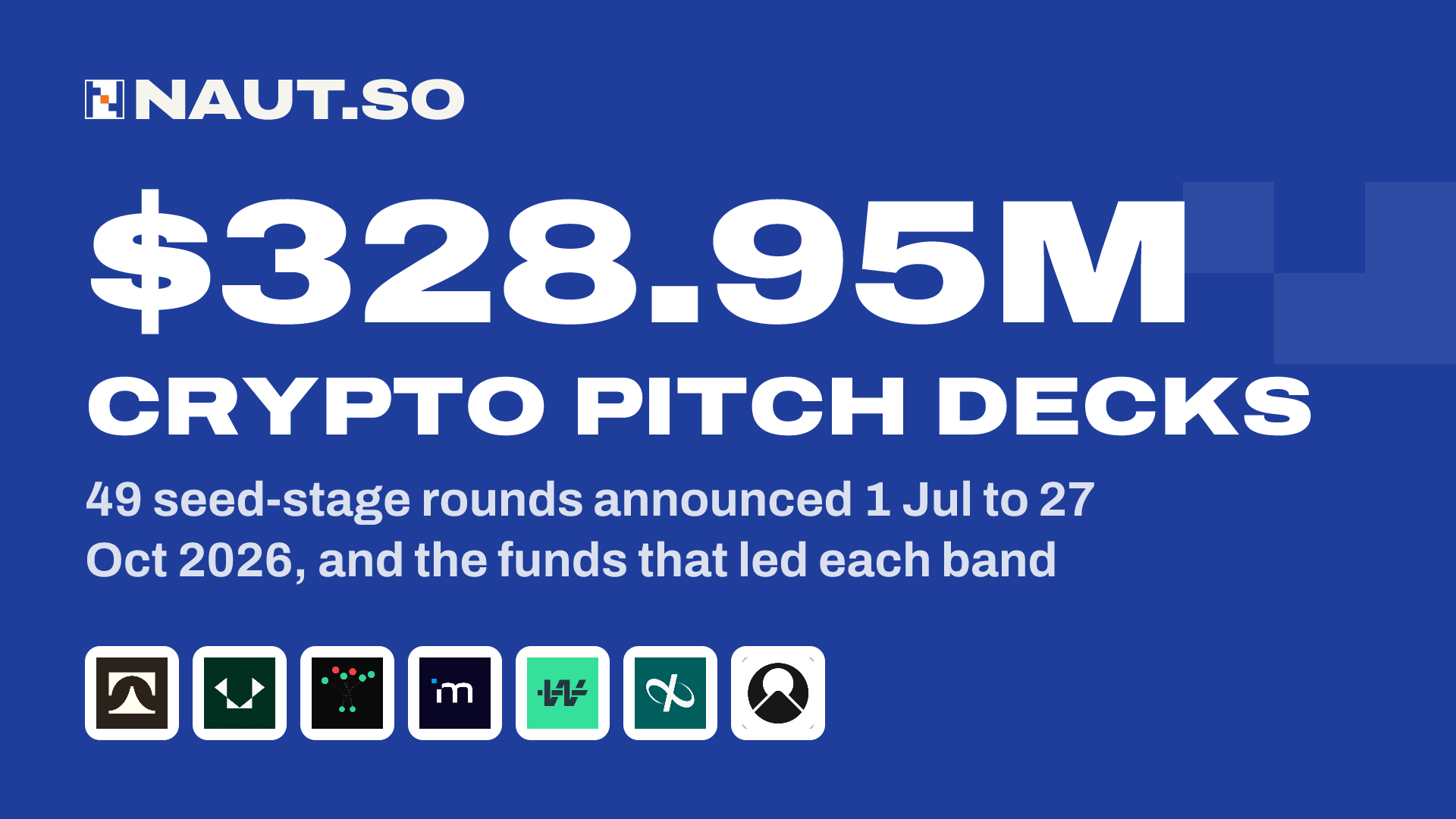 $328.95M Crypto pitch decks 49 seed-stage rounds announced 1 Jul to 27 Oct 2026, and the funds that led each band. Logos: Tare, Vest Exchange, Dataline, Multiliquid, Walapay, InfiniFi, Tenka.