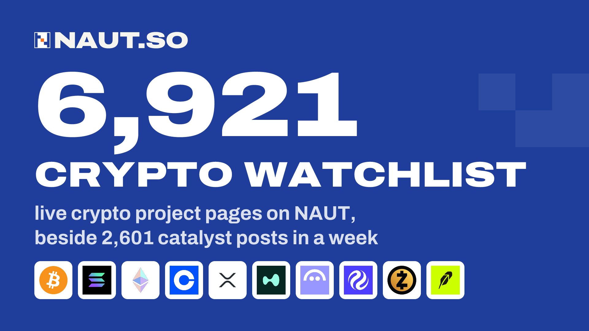 6,921 Crypto watchlist live crypto project pages on NAUT, beside 2,601 catalyst posts in a week. Logos: Bitcoin, Solana, Ethereum, Coinbase, Ripple, Hyperliquid, Aave, Injective, Zcash, Robinhood.