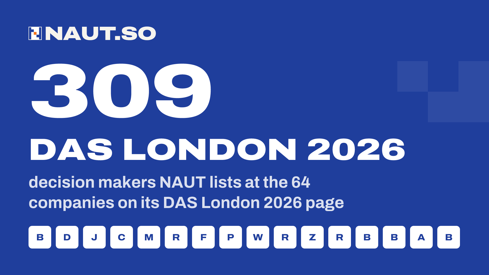 309 DAS London 2026 decision makers NAUT lists at the 64 companies on its DAS London 2026 page. Logos: BlackRock, Dragonfly, Jito, Circle, Monad, RockawayX, Figure, Plasma, Wintermute, Ripple, ZkSync, Robinhood, BNB, Backpack, Aave, Blockworks.