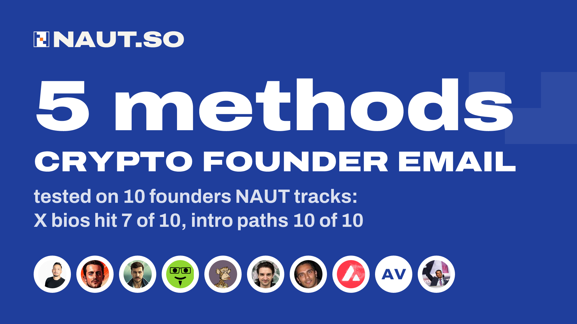 5 methods Crypto founder email tested on 10 founders NAUT tracks: X bios hit 7 of 10, intro paths 10 of 10. Logos: Sandeep Nailwal, Robbie Ferguson, Diogo Mónica, Dieter Shirley, Greg Solano, Max Novendstern, Dileep Thazhmon, Maofan Yin, Alexandr Vlasov, Donald Trump Jr.