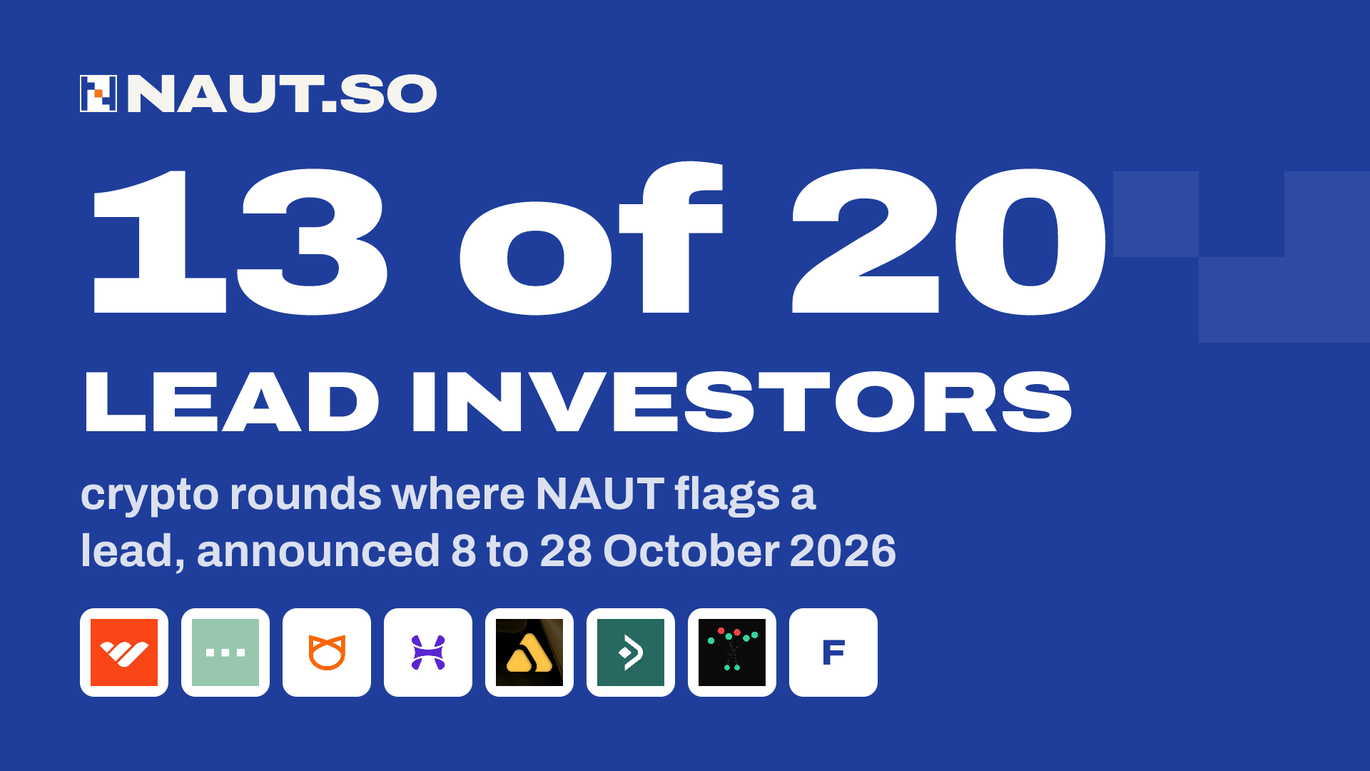 13 of 20 Lead investors crypto rounds where NAUT flags a lead, announced 8 to 28 October 2026. Logos: Whop, meanwhile, Meow, Hyperbolic Labs, Luxor, Mural, Dataline, Fission Labs.